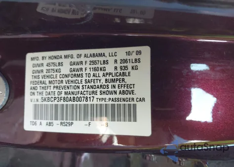 2010 Honda Accord 3.5 Ex-L from USA, damaged, VIN 5KBCP3F80AB007817